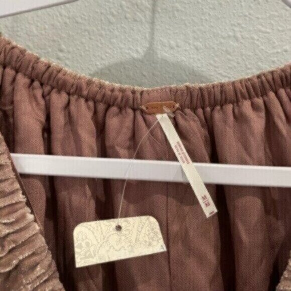 New Free People Boho Velvet Neutral Mini Dress Feminine Puff Sleeve V Neck - Picture 7 of 9